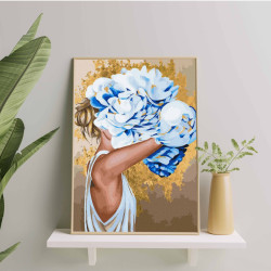 Painting by numbers, Girl with blue flowers and gold paint, 40x50, Oh-art, JX1077