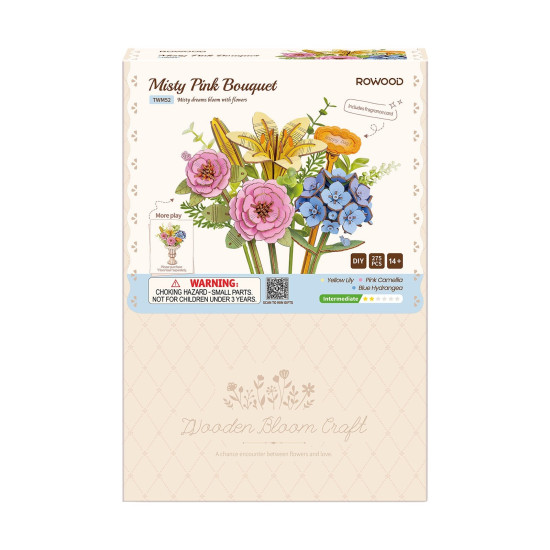 Koka 3D ziedu puzle, Misty Pink Bouquet, 275 det., robotime, TWM52