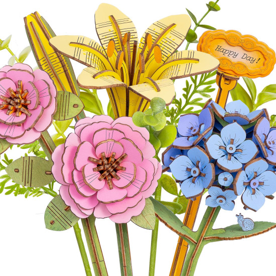 Koka 3D ziedu puzle, Misty Pink Bouquet, 275 det., robotime, TWM52