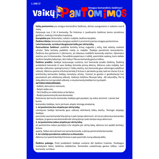 Stalo žaidimas Pantomima vaikams (8+, lietuvių kalba), PlayLand, L-248LT