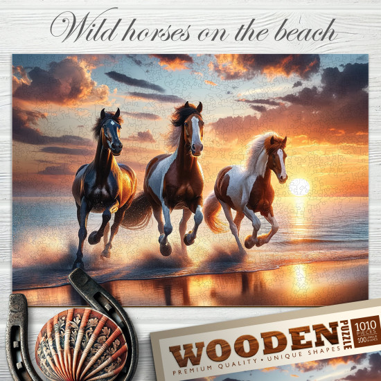 Wooden Puzzle, Wild horses on the beach, woodencity, NB 0804-XL