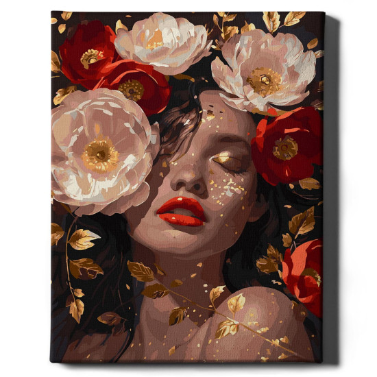 Glezna pēc numuriem, Meitene un sarkanas peonijas zeltā, 40x50, Oh-art, JX1215