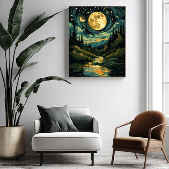 Glezna pēc numuriem, Mēness un zvaigznes ar zelta krāsu, 40x50, Oh-art, JX1228