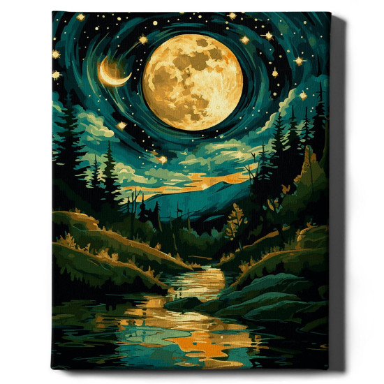 Glezna pēc numuriem, Mēness un zvaigznes ar zelta krāsu, 40x50, Oh-art, JX1228