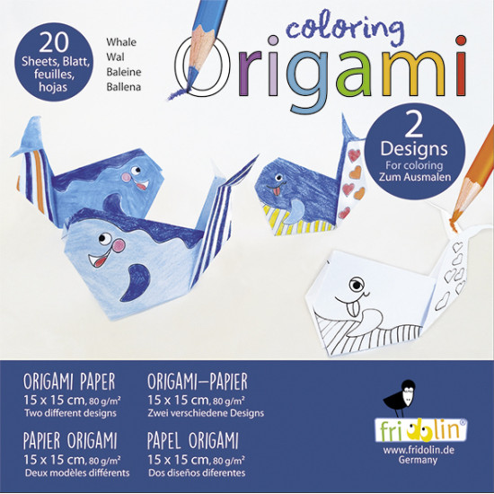 Krāsojamā origami, vaļi, 20 lapas 15 cm x 15 cm, Fridolin, FR-11388