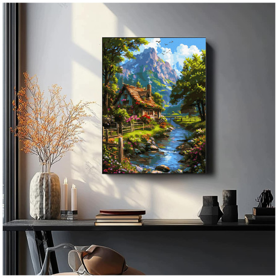 Maalimine numbrite järgi, Maja jõe ääres ja mäed, 40x50, Oh-art, ANG1135