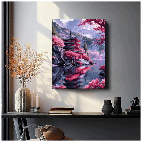 Maalimine numbrite järgi, Jaapani paviljon ja sakura, 40x50, Oh-art, ANG1140