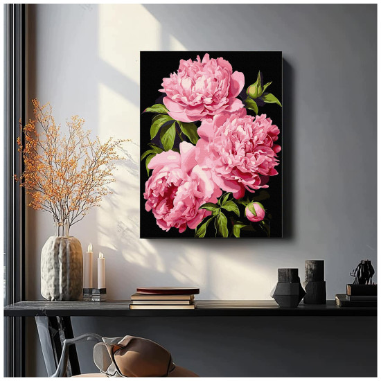Paint by numbers, Pink peonies on black background, 40x50, Oh-art, ANG1169