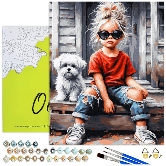 Paint by numbers, Girl in sunglasses and dog, 40x50, Oh-art, ANG1128