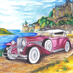 Painting by numbers, Cadillac on the background of the castle, 30x40, varvikas, ME1054e.