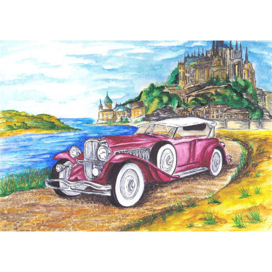 Painting by numbers, Cadillac on the background of the castle, 30x40, varvikas, ME1054e.