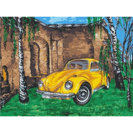 Painting by numbers, Yellow car among birches, 30x40, varvikas, ME1056e.
