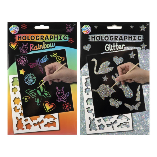 A5 holographic scratch art, 2 designs, with stencil, Moxy, 220002