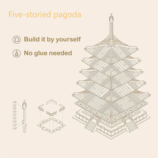 3D koka puzle, Piecu stāvu pagoda, 275 gab, robotime, TGN02