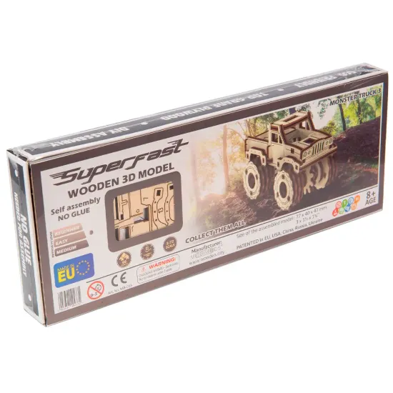 3D koka puzle, mašīna, Monster Truck 3, 66 gab, woodencity, MB-015