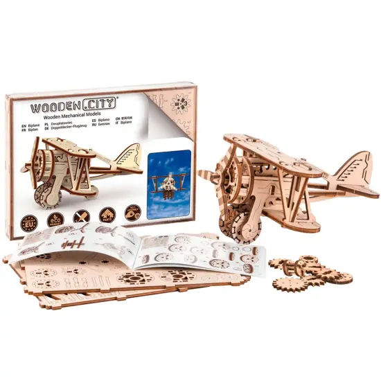 3D Wooden Puzzle, Biplane, 63 pcs, woodencity, WR304